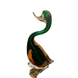 9” Handblown Murano Art Glass Vintage Green & Amber Duck Figurine